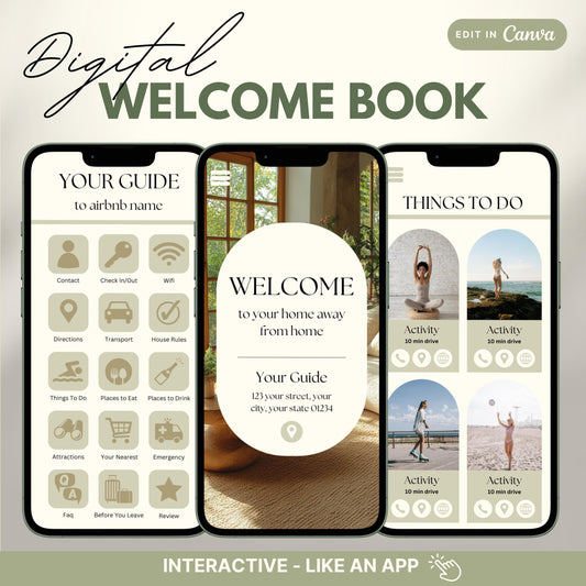 A promotional image for a digital Airbnb Welcome Book template, designed to look and function like an app.