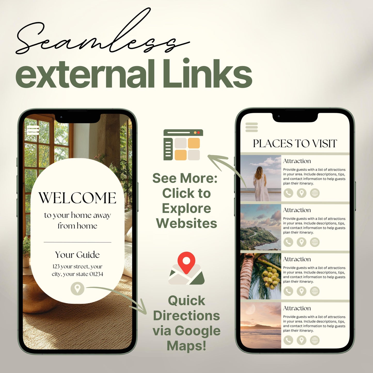 Arrows and icons highlight features like "See More: Click to Explore Websites" and "Quick Directions via Google Maps!" The design emphasizes seamless integration of external links for an interactive guest experience.