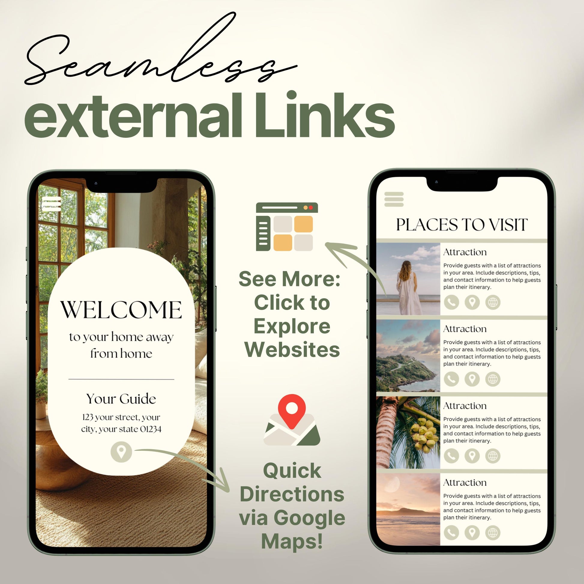 Arrows and icons highlight features like "See More: Click to Explore Websites" and "Quick Directions via Google Maps!" The design emphasizes seamless integration of external links for an interactive guest experience.