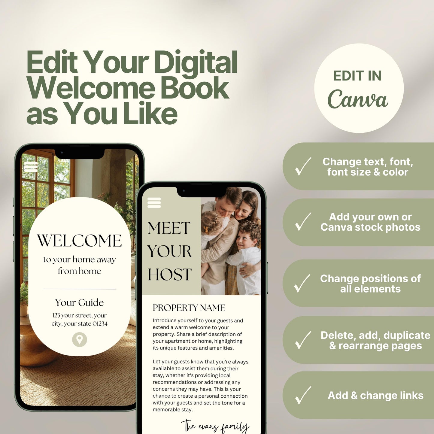 Editable Airbnb host welcome guide template, featuring welcome messages, house description, and host introduction. Includes checklist of customizable elements such as text, photos, layout, and links, all editable in Canva.