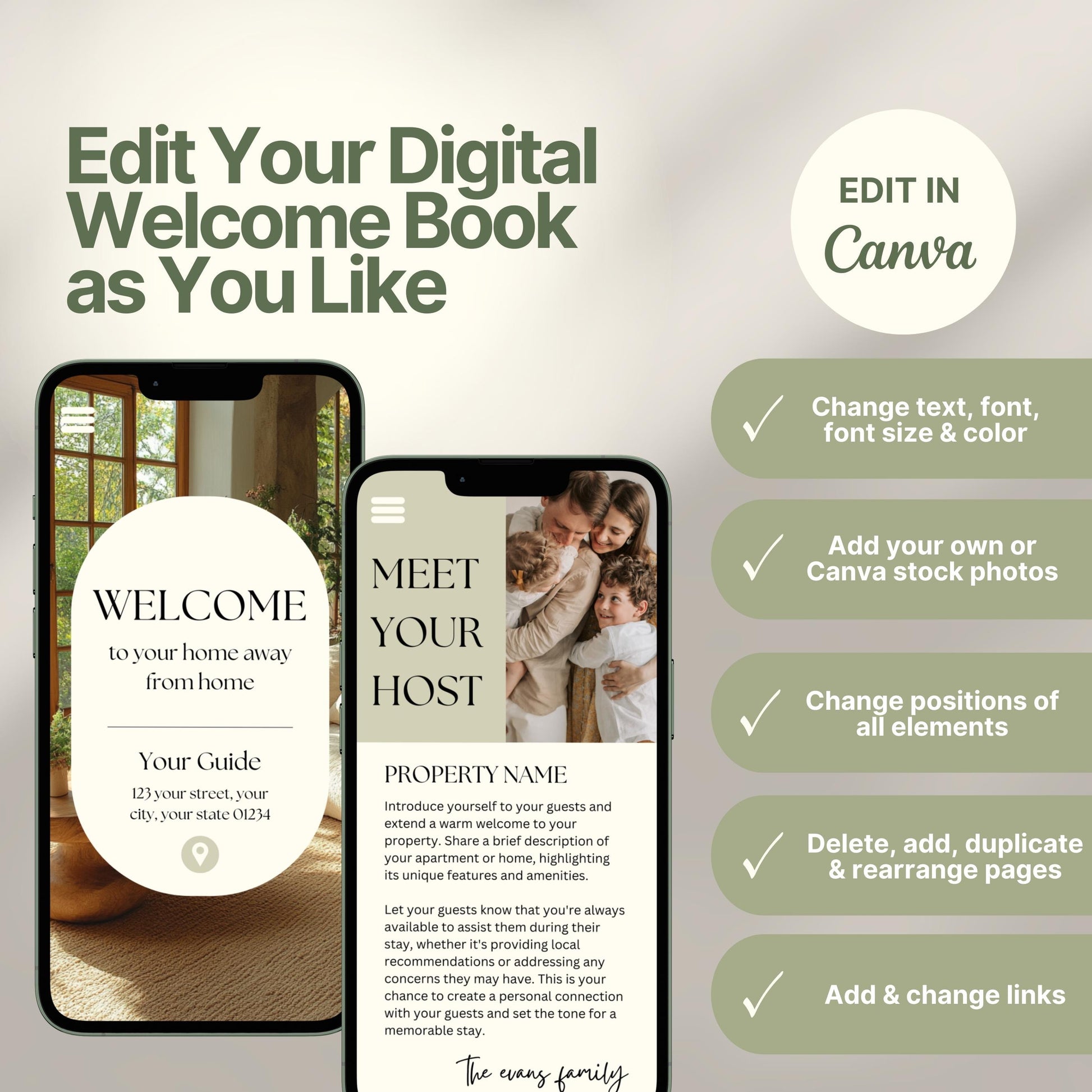 Editable Airbnb host welcome guide template, featuring welcome messages, house description, and host introduction. Includes checklist of customizable elements such as text, photos, layout, and links, all editable in Canva.