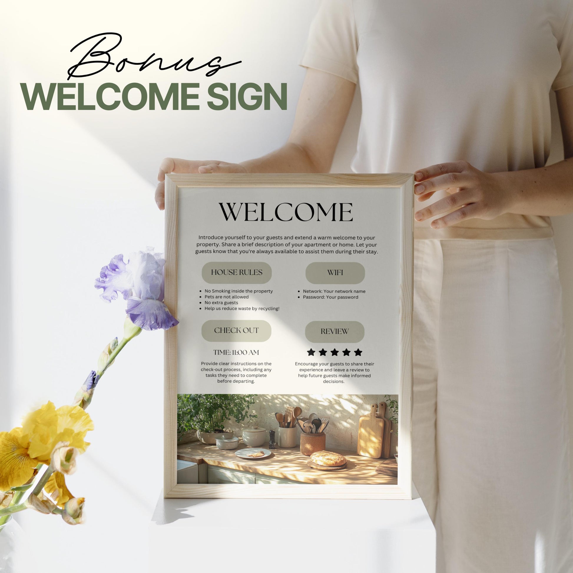 A person in a light-colored outfit holds a framed Airbnb-style welcome sign labeled “WELCOME” at the top. The sign includes sections for house rules, WiFi information, check-out time, and guest reviews. 