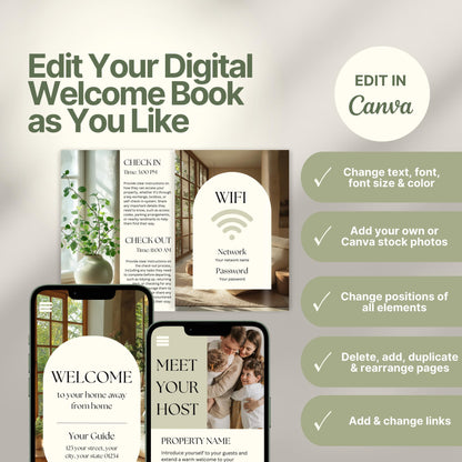 Editable Airbnb host welcome guide template, featuring welcome messages, house description, and host introduction. Includes checklist of customizable elements such as text, photos, layout, and links, all editable in Canva.