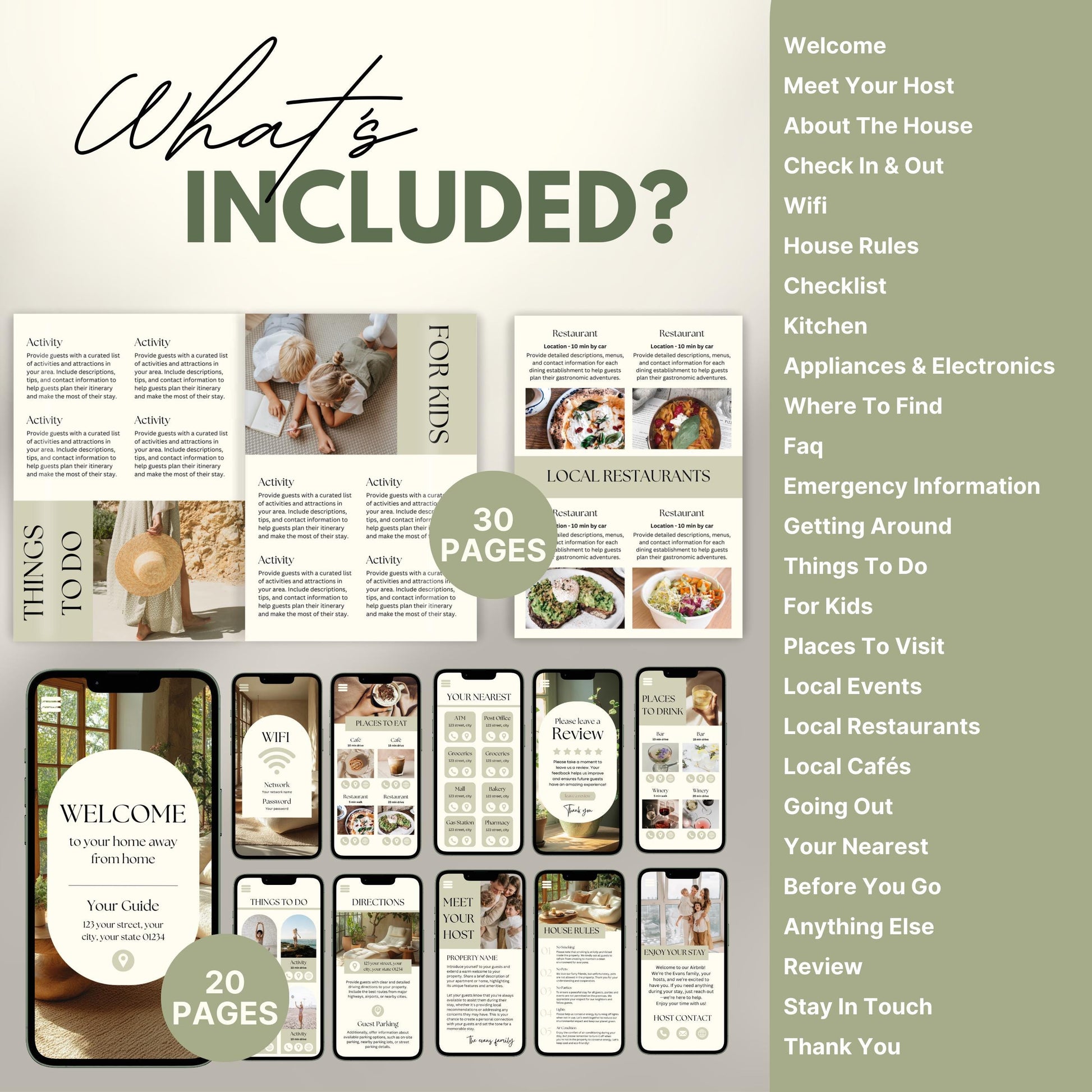 Digital welcome book preview displayed on four smartphone screens, showcasing a mobile-friendly Airbnb or short-term rental guide. The interface features beautifully designed sections such as “Welcome,” “WiFi Info,” “Places to Visit,” and “Where to Eat,” with intuitive icons and “Navigate” buttons.