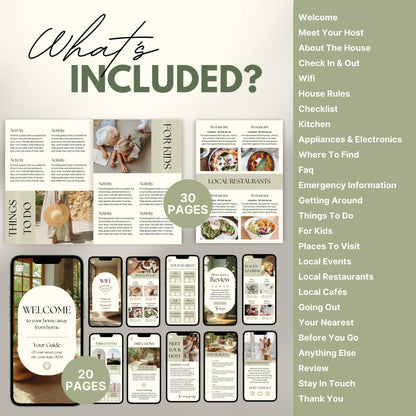 Digital welcome book preview displayed on four smartphone screens, showcasing a mobile-friendly Airbnb or short-term rental guide. The interface features beautifully designed sections such as “Welcome,” “WiFi Info,” “Places to Visit,” and “Where to Eat,” with intuitive icons and “Navigate” buttons.