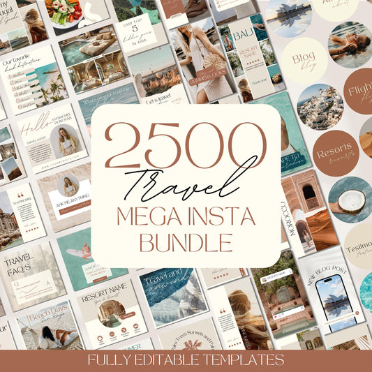 Promotional graphic for a “2500 Travel Mega Insta Bundle” of fully editable Instagram templates. The image features a large beige and brown text box in the center highlighting the bundle's title. 