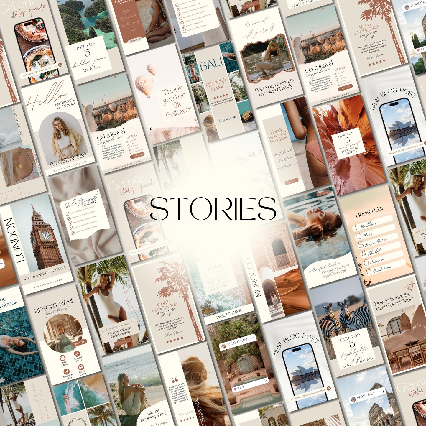 Grid of travel agent instagram templates.