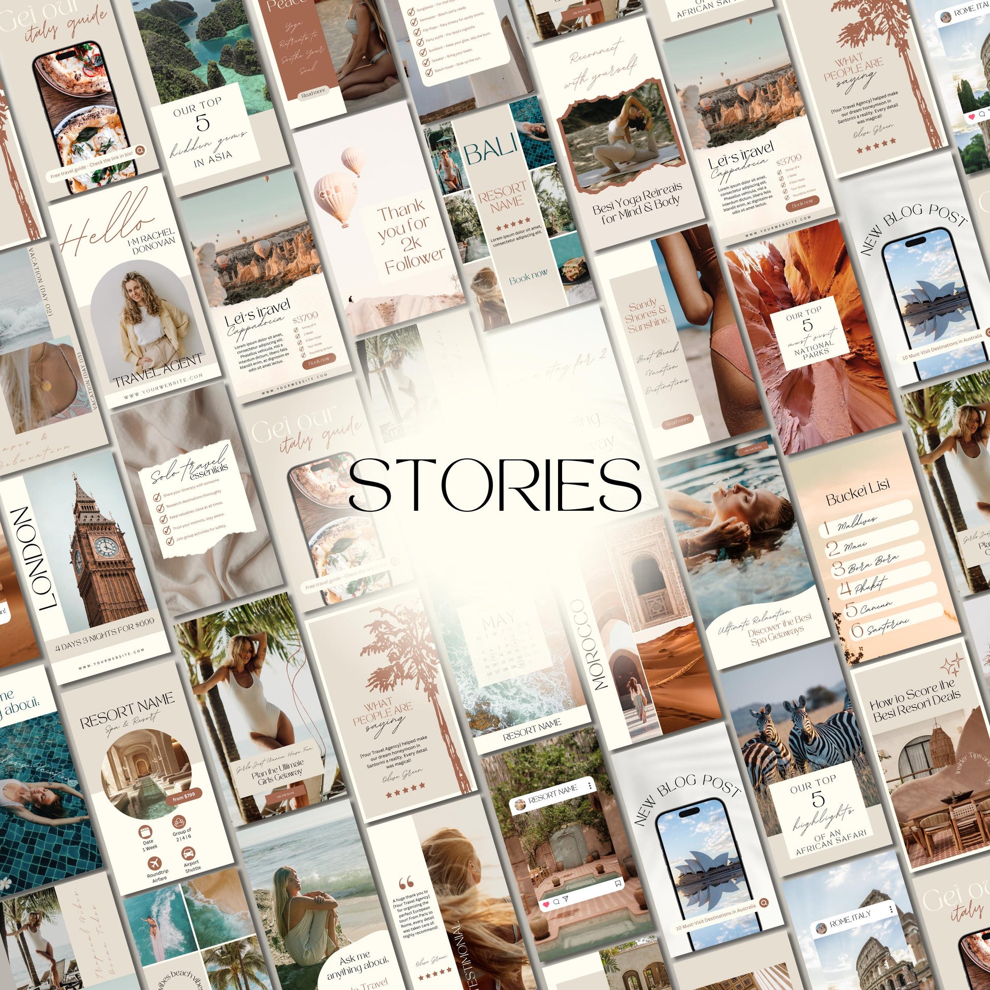 Grid of travel agent instagram templates.