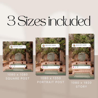 Image showing three Instagram post format sizes side-by-side for a resort-themed social media template. From left to right, the formats are:

1080 x 1080 Square Post

1080 x 1350 Portrait Post

1080 x 1920 Story