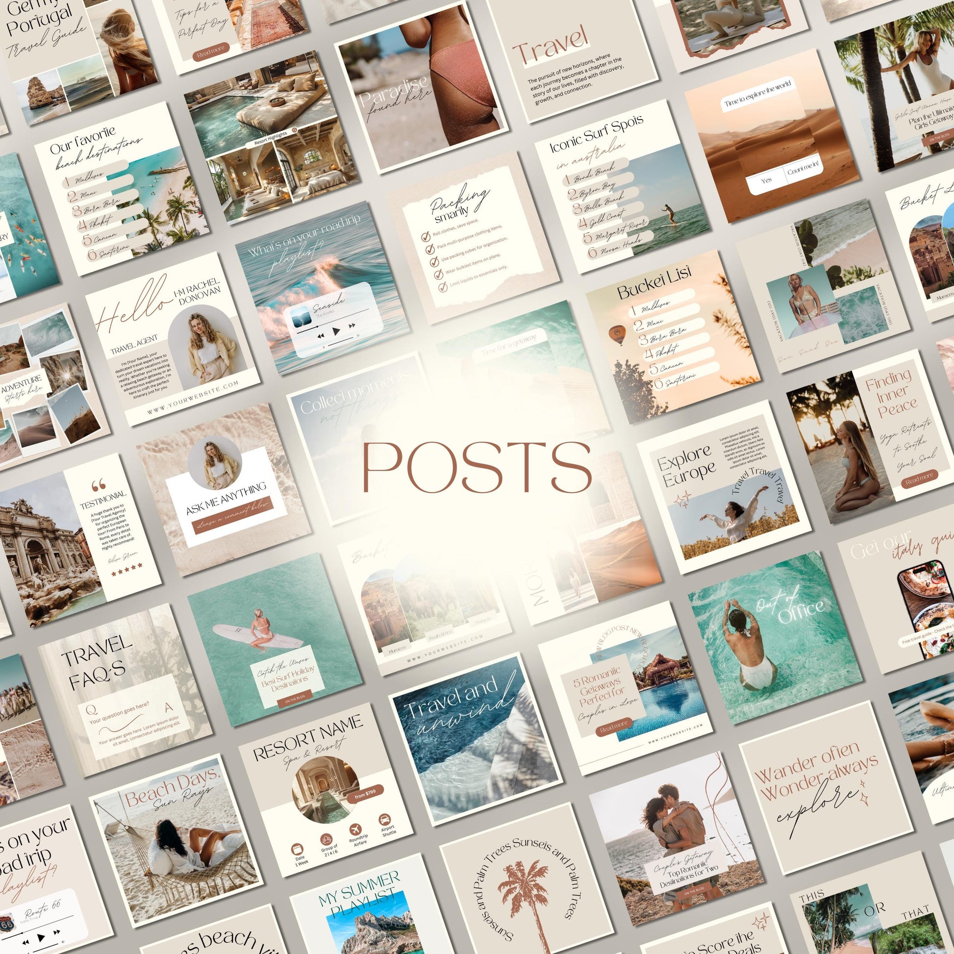 Grid of travel agent instagram templates.