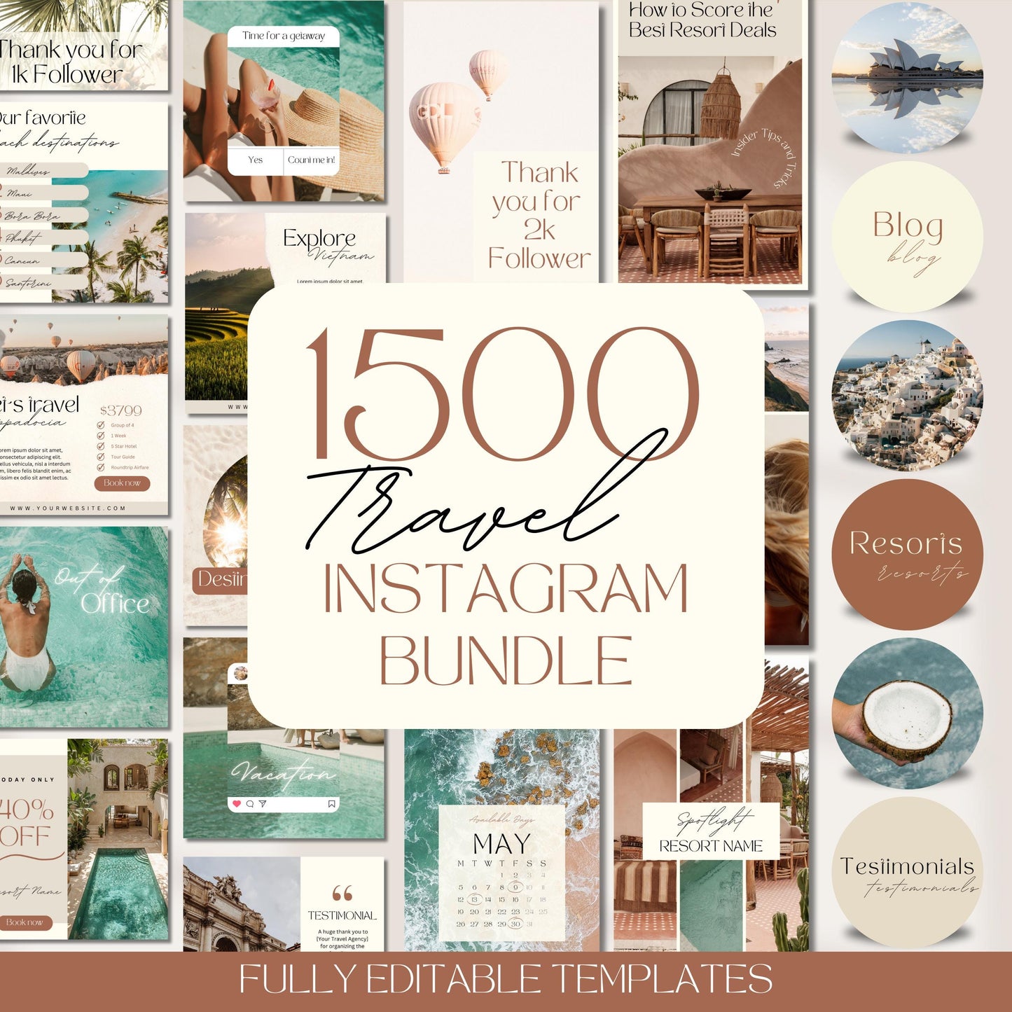 Promotional graphic for a “1500 Travel Mega Insta Bundle” of fully editable Instagram templates. The image features a large beige and brown text box in the center highlighting the bundle's title. Surrounding it is a vibrant collage of over 30 travel-themed Instagram post and story designs. These include tropical destinations, resort promotions, blog headers, testimonials, and highlight covers with earthy tones and minimalist layouts.