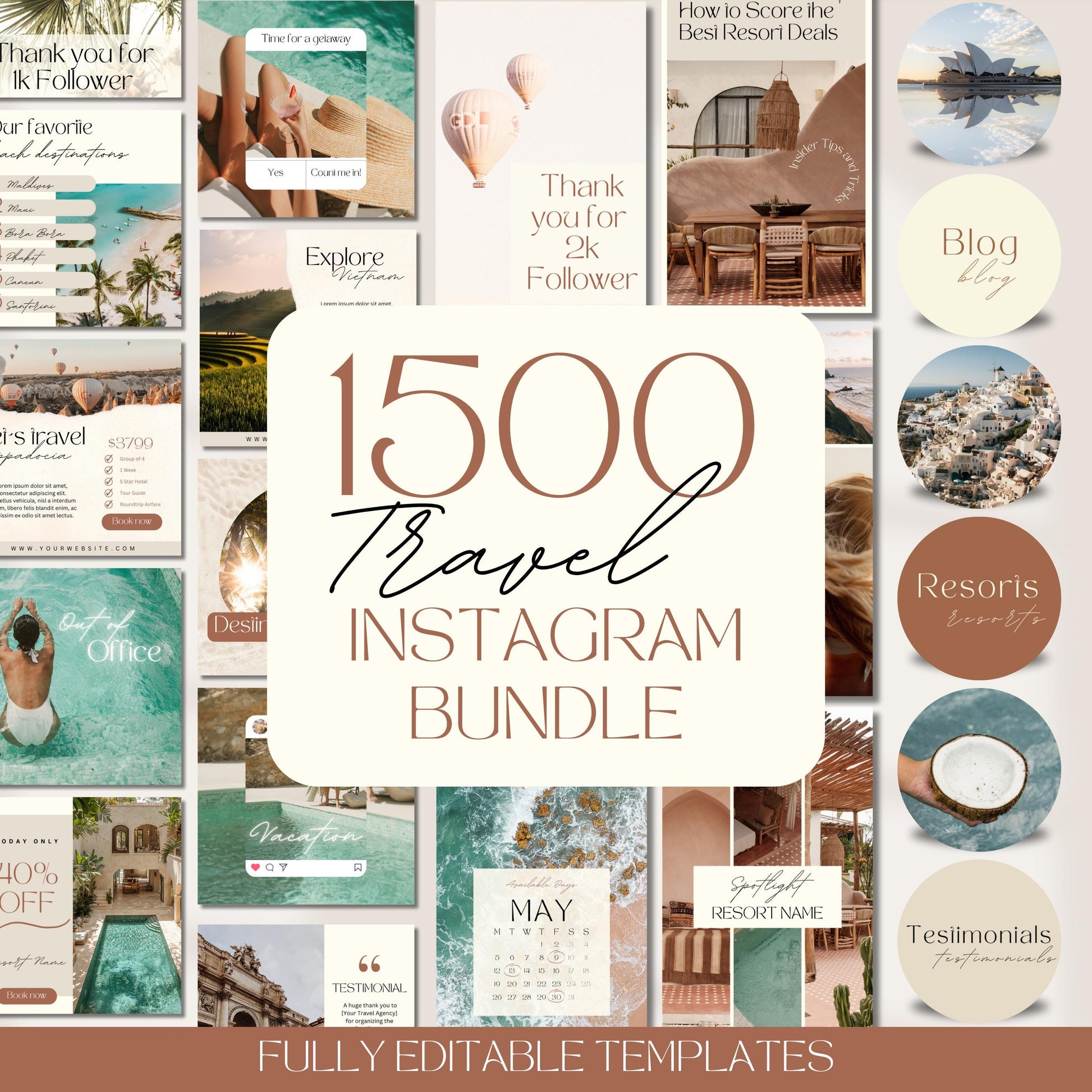 Promotional graphic for a “1500 Travel Mega Insta Bundle” of fully editable Instagram templates. The image features a large beige and brown text box in the center highlighting the bundle's title. Surrounding it is a vibrant collage of over 30 travel-themed Instagram post and story designs. These include tropical destinations, resort promotions, blog headers, testimonials, and highlight covers with earthy tones and minimalist layouts.