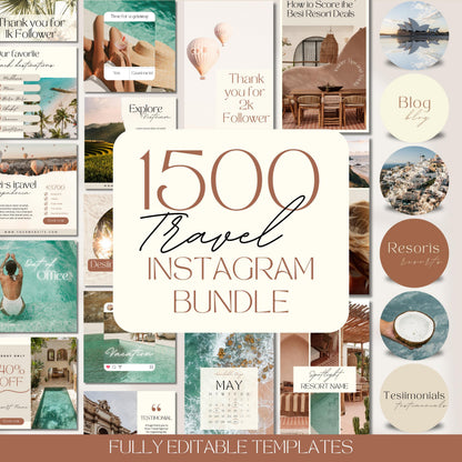 Promotional graphic for a “1500 Travel Mega Insta Bundle” of fully editable Instagram templates. The image features a large beige and brown text box in the center highlighting the bundle's title. Surrounding it is a vibrant collage of over 30 travel-themed Instagram post and story designs. These include tropical destinations, resort promotions, blog headers, testimonials, and highlight covers with earthy tones and minimalist layouts.
