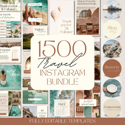 Promotional graphic for a “1500 Travel Mega Insta Bundle” of fully editable Instagram templates. The image features a large beige and brown text box in the center highlighting the bundle's title. Surrounding it is a vibrant collage of over 30 travel-themed Instagram post and story designs. These include tropical destinations, resort promotions, blog headers, testimonials, and highlight covers with earthy tones and minimalist layouts.