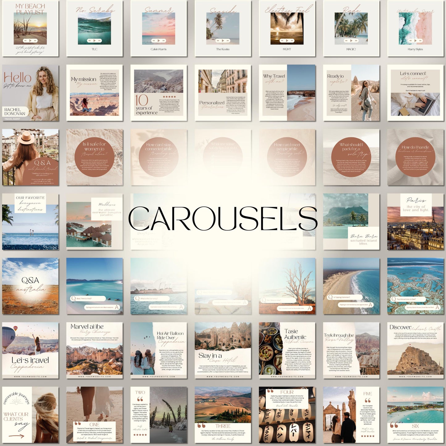 Grid of travel agent instagram templates.