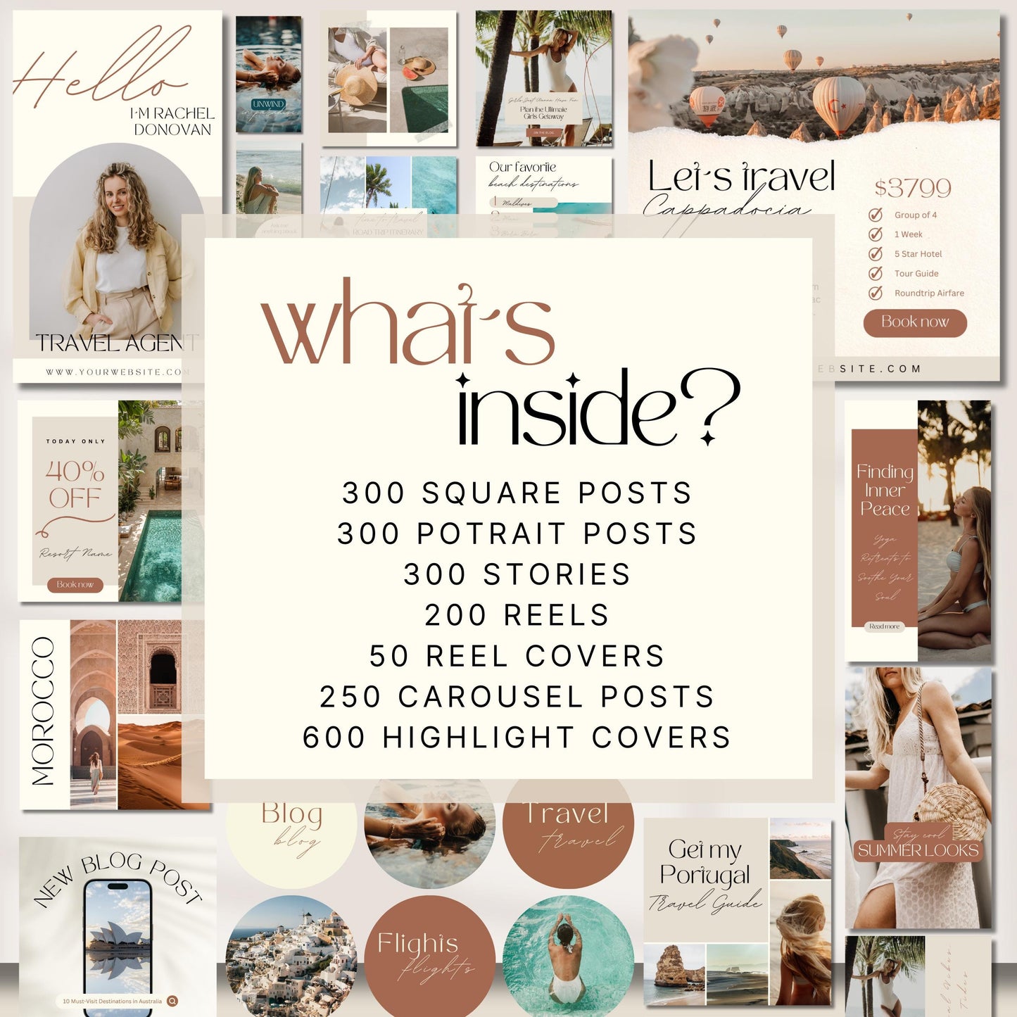 Graphic showcasing the contents of a travel-themed Instagram template bundle. In the center, large text reads “What’s inside?” followed by a list: 300 square posts, 300 portrait posts, 300 stories, 200 reels, 50 reel covers, 250 carousel posts, and 600 highlight covers. The background is filled with a variety of Instagram post designs including travel offers, blog posts, destination guides, and aesthetic highlight covers. The color palette features warm neutrals and earthy tones.