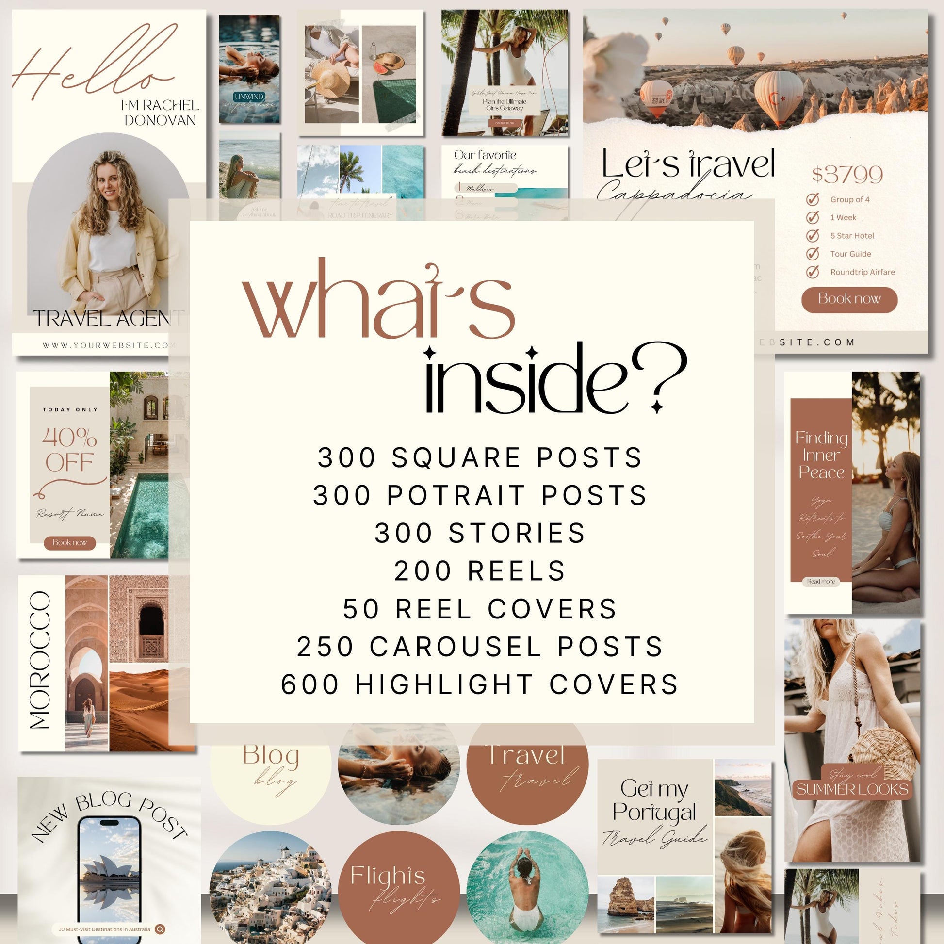 Graphic showcasing the contents of a travel-themed Instagram template bundle. In the center, large text reads “What’s inside?” followed by a list: 300 square posts, 300 portrait posts, 300 stories, 200 reels, 50 reel covers, 250 carousel posts, and 600 highlight covers. The background is filled with a variety of Instagram post designs including travel offers, blog posts, destination guides, and aesthetic highlight covers. The color palette features warm neutrals and earthy tones.