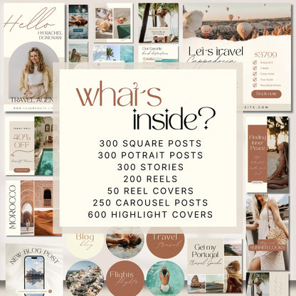 Graphic showcasing the contents of a travel-themed Instagram template bundle. In the center, large text reads “What’s inside?” followed by a list: 300 square posts, 300 portrait posts, 300 stories, 200 reels, 50 reel covers, 250 carousel posts, and 600 highlight covers. The background is filled with a variety of Instagram post designs including travel offers, blog posts, destination guides, and aesthetic highlight covers. The color palette features warm neutrals and earthy tones.