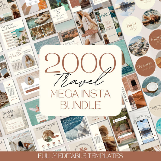 Promotional graphic for a “2000 Travel Mega Insta Bundle” of fully editable Instagram templates. The image features a large beige and brown text box in the center highlighting the bundle's title.
