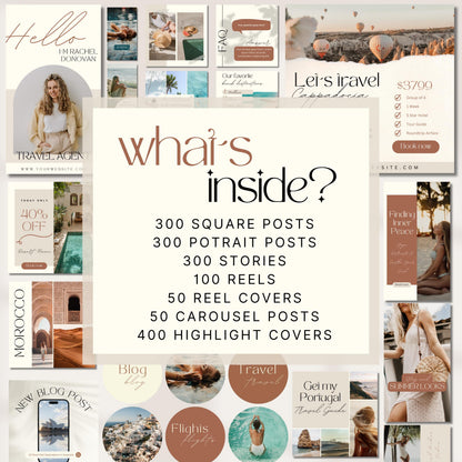 A promotional graphic detailing the contents of a travel-themed Instagram template bundle. The center features a cream-colored box with the title “What’s Inside?” and a list of digital assets included:

300 Square Posts

300 Portrait Posts

300 Stories

100 Reels

50 Reel Covers

50 Carousel Posts

400 Highlight Covers

The background showcases various example Instagram templates including travel guides, promotions, quotes, and highlight covers in soft, earthy tones with travel imagery like resorts, beaches