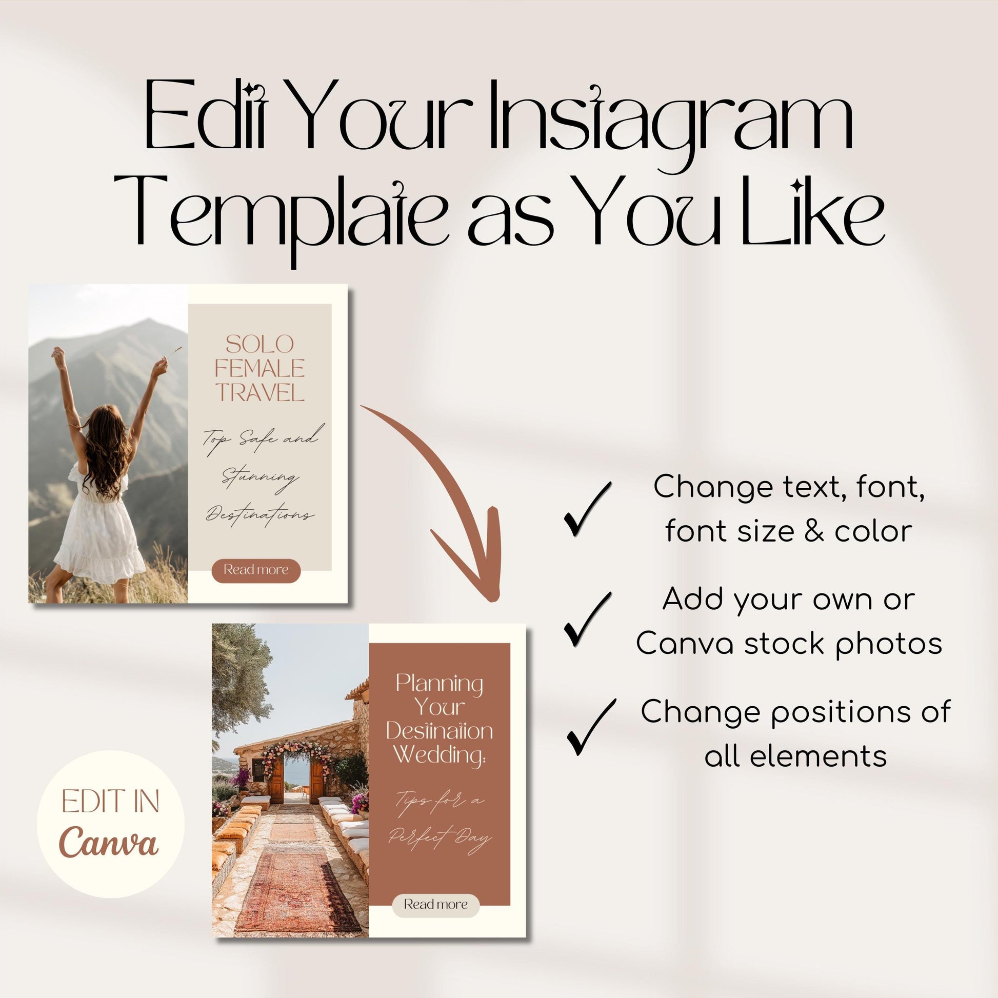 A promotional graphic showing customizable Instagram post templates. The top of the image reads, "Edit Your Instagram Template as You Like."