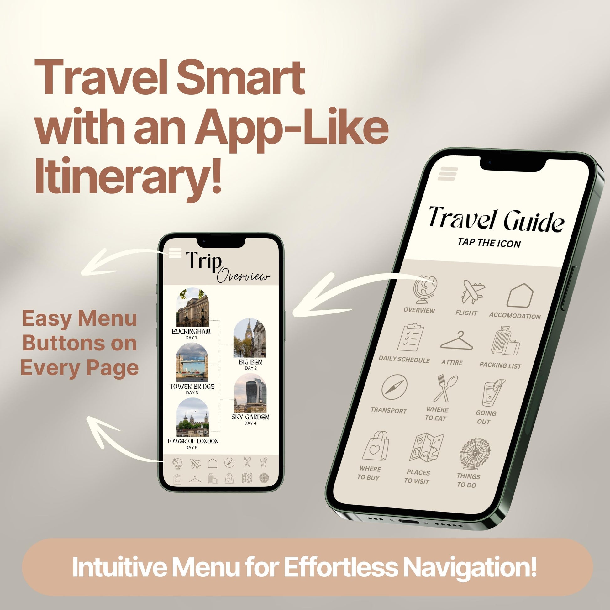 Two smartphones display a digital travel itinerary designed to look and function like an app. Bold text highlights features like "Easy Menu Buttons on Every Page" and "Intuitive Menu for Effortless Navigation!"