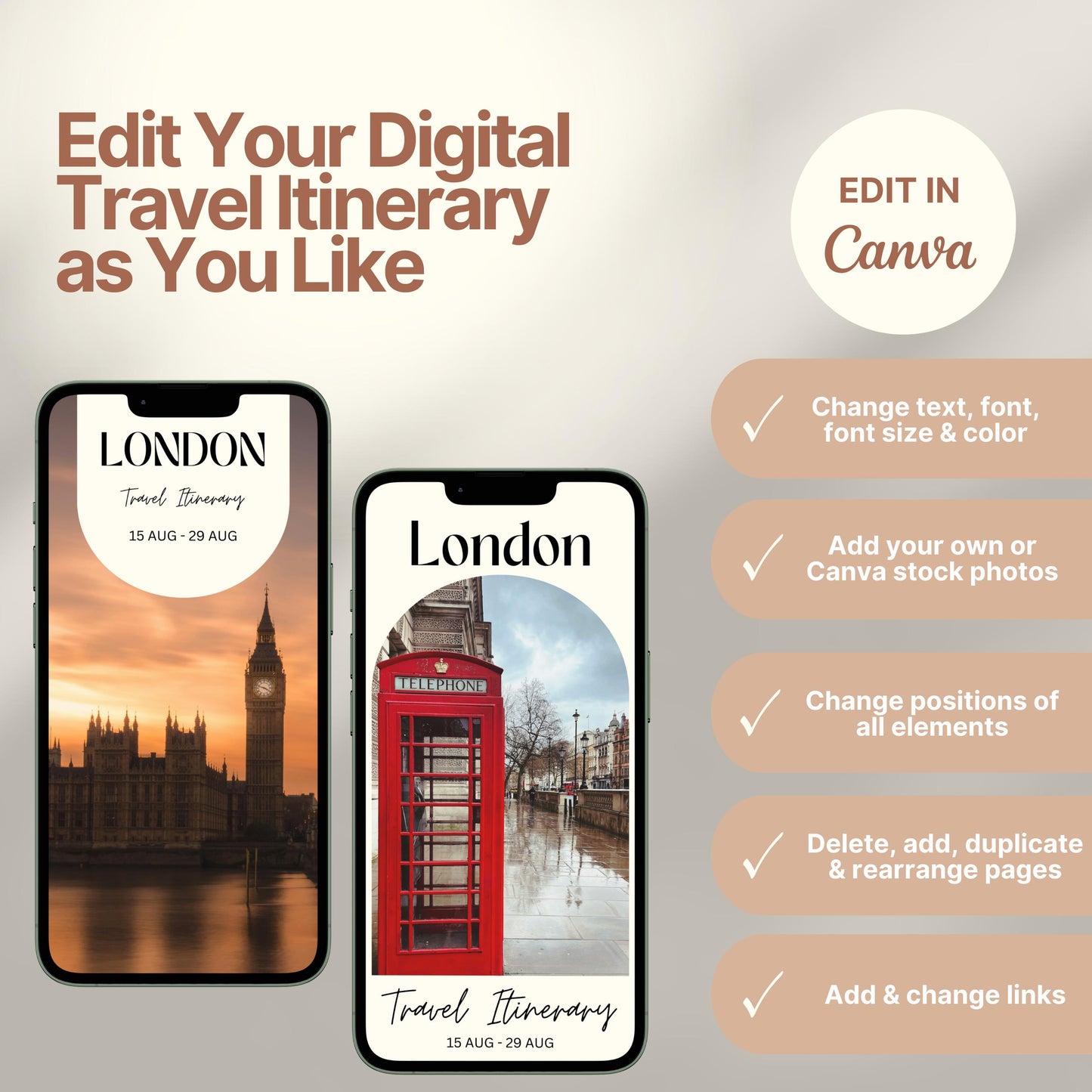 Two smartphones display customizable digital travel itinerary covers. The right side of the image lists editing features in Canva, including changing text, font, colors, images, layout, and links. A round badge reads “EDIT IN Canva,” emphasizing flexibility and personalization options.