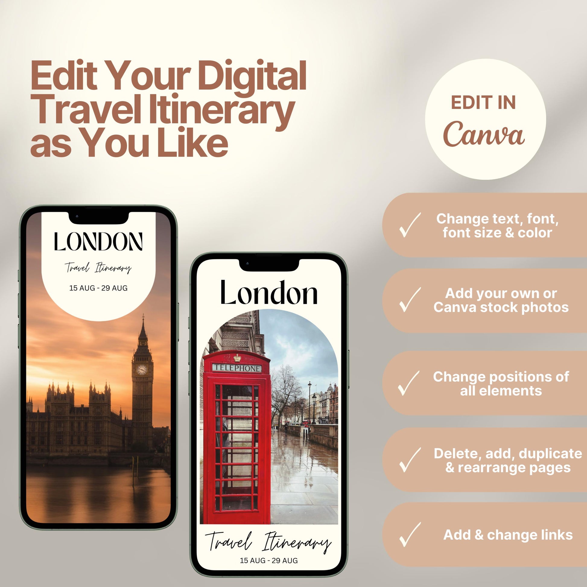 Two smartphones display customizable digital travel itinerary covers. The right side of the image lists editing features in Canva, including changing text, font, colors, images, layout, and links. A round badge reads “EDIT IN Canva,” emphasizing flexibility and personalization options.