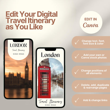 Two smartphones display customizable digital travel itinerary covers. The right side of the image lists editing features in Canva, including changing text, font, colors, images, layout, and links. A round badge reads “EDIT IN Canva,” emphasizing flexibility and personalization options.