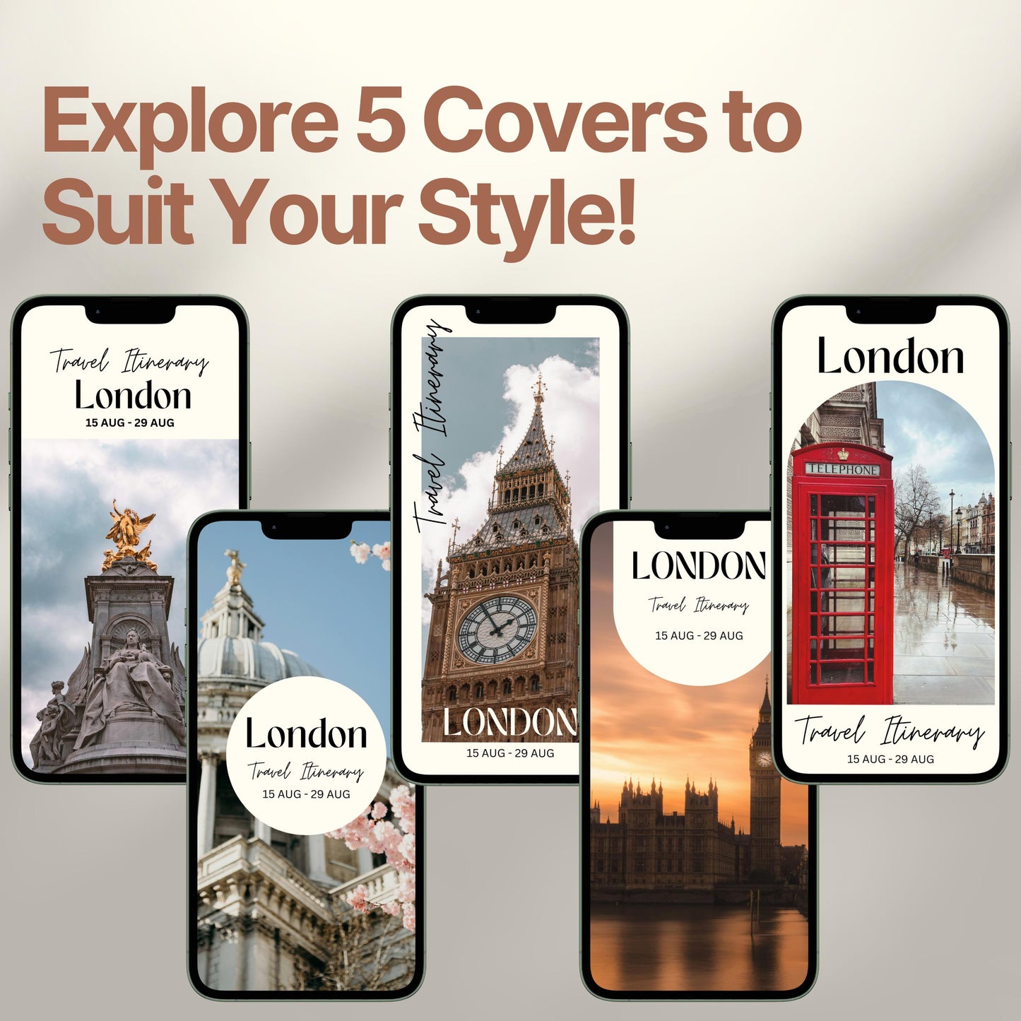 Five smartphone screens display different stylish cover designs. The headline above reads “Explore 5 Covers to Suit Your Style!” showcasing customization options for travelers.