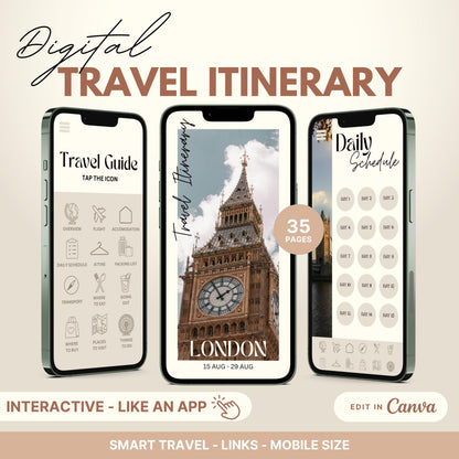 Digital travel itinerary displayed on three smartphones, featuring an interactive travel guide, daily schedule, and itinerary cover.