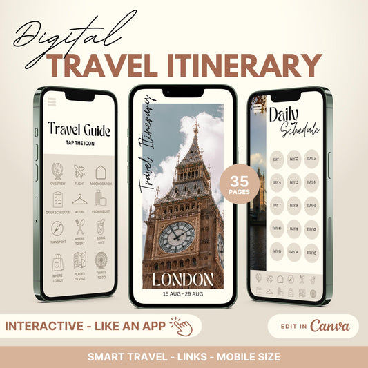 Digital travel itinerary displayed on three smartphones, featuring an interactive travel guide, daily schedule, and itinerary cover.