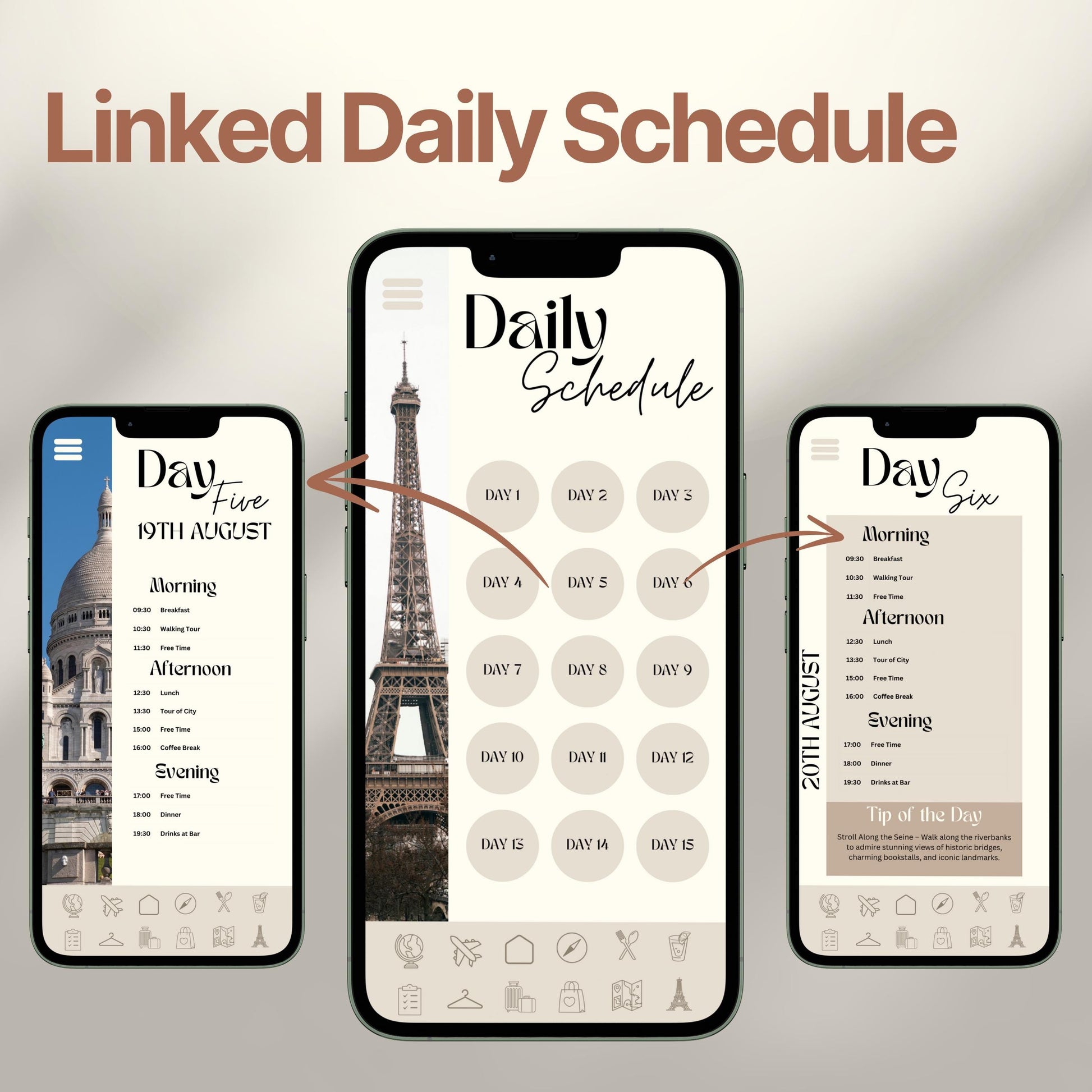 Three smartphones display an interactive digital travel itinerary. The layout emphasizes the ability to click each day for a linked, organized itinerary.