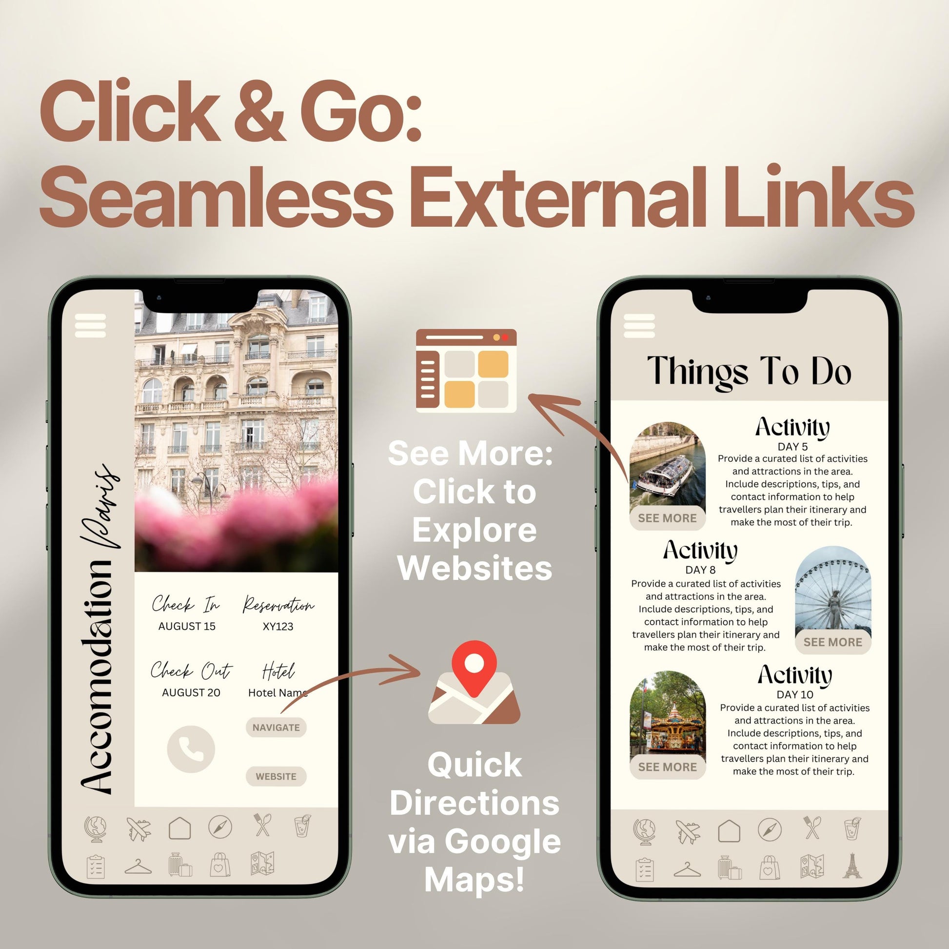 Two smartphones display an interactive digital travel guide interface. Text highlights features like “Quick Directions via Google Maps!” and “Click to Explore Websites,” emphasizing seamless external link integration for an app-like travel experience.