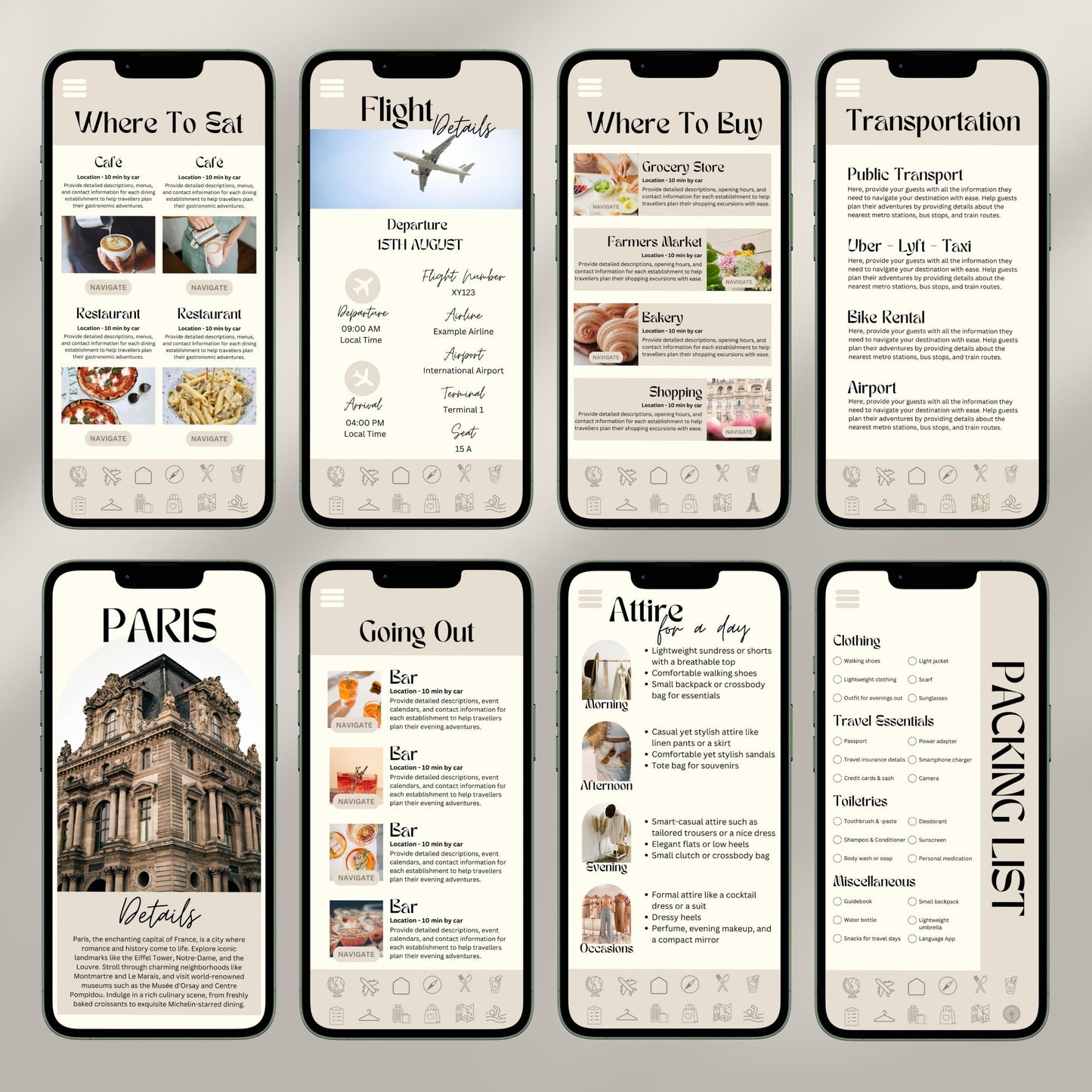 A collage of eight smartphone screens showcases a digital travel itinerary interface. Each screen displays different sections.