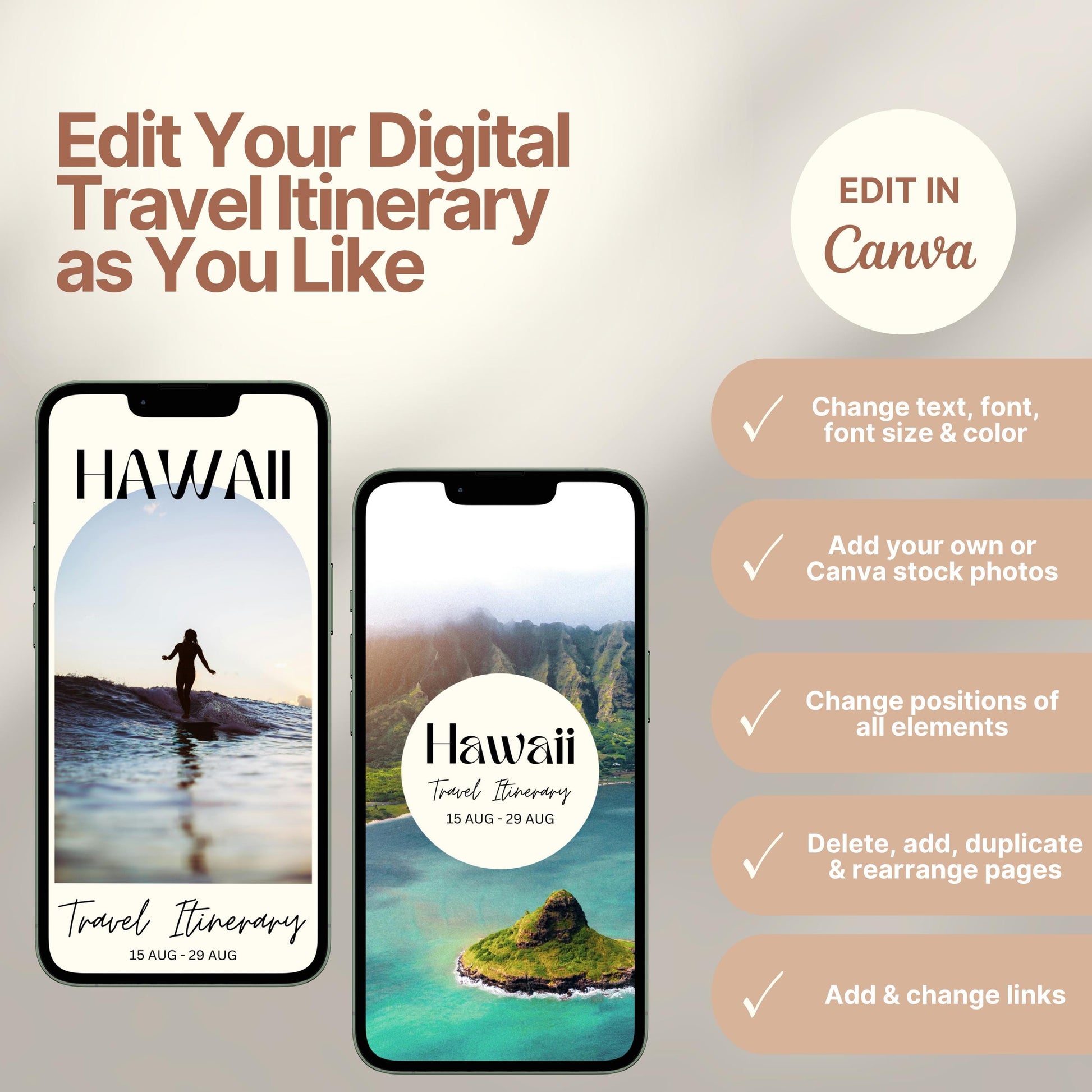 Two smartphones display customizable digital travel itinerary covers. The right side of the image lists editing features in Canva, including changing text, font, colors, images, layout, and links. A round badge reads “EDIT IN Canva,” emphasizing flexibility and personalization options.
