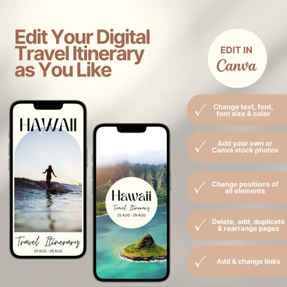 Two smartphones display customizable digital travel itinerary covers. The right side of the image lists editing features in Canva, including changing text, font, colors, images, layout, and links. A round badge reads “EDIT IN Canva,” emphasizing flexibility and personalization options.