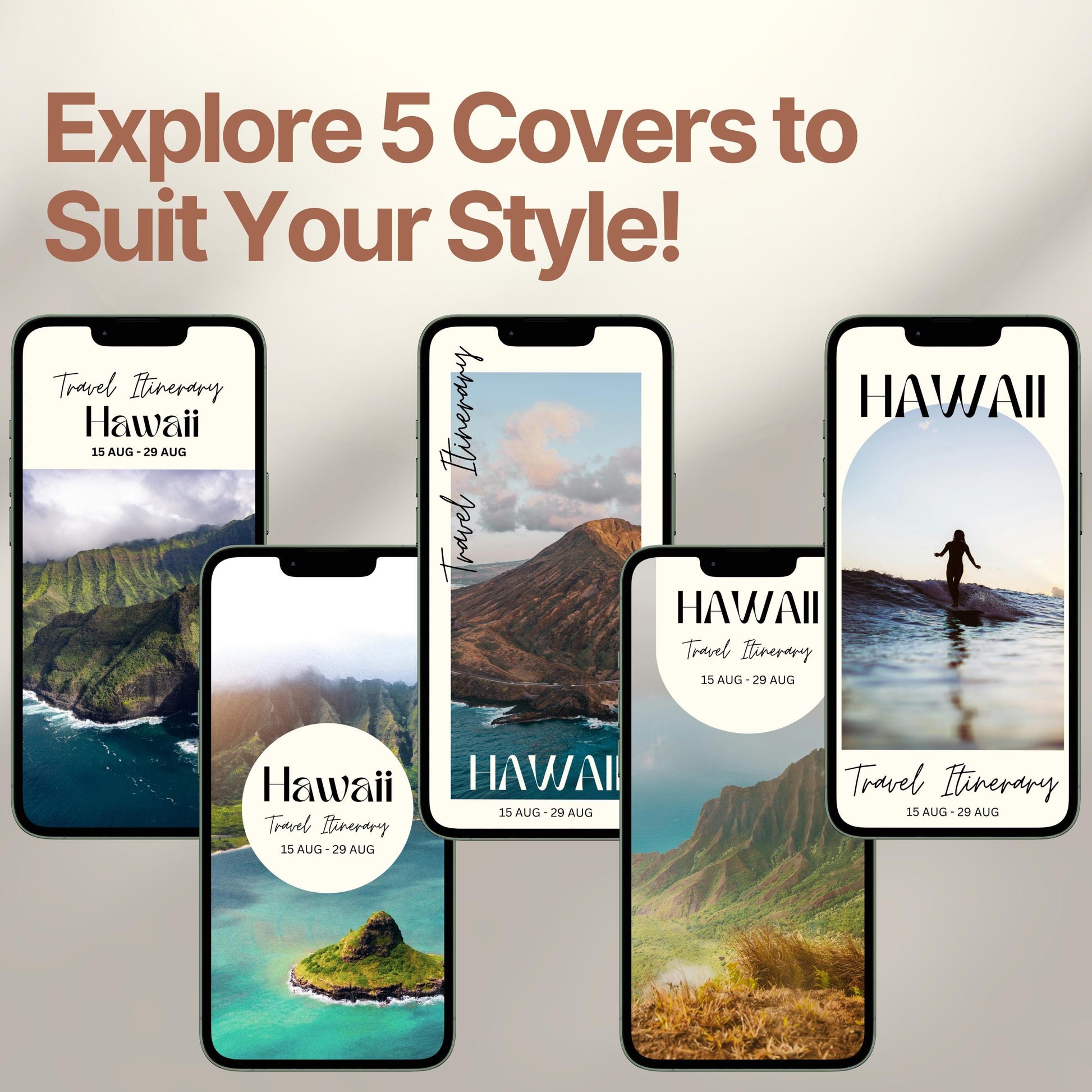 Five smartphone screens display different stylish cover designs. The headline above reads “Explore 5 Covers to Suit Your Style!” showcasing customization options for travelers.
