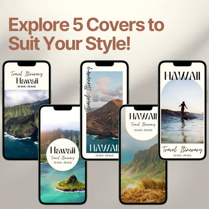 Five smartphone screens display different stylish cover designs. The headline above reads “Explore 5 Covers to Suit Your Style!” showcasing customization options for travelers.