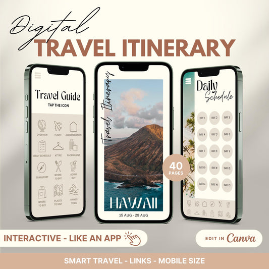 Digital travel itinerary displayed on three smartphones, featuring an interactive travel guide, daily schedule, and itinerary cover.