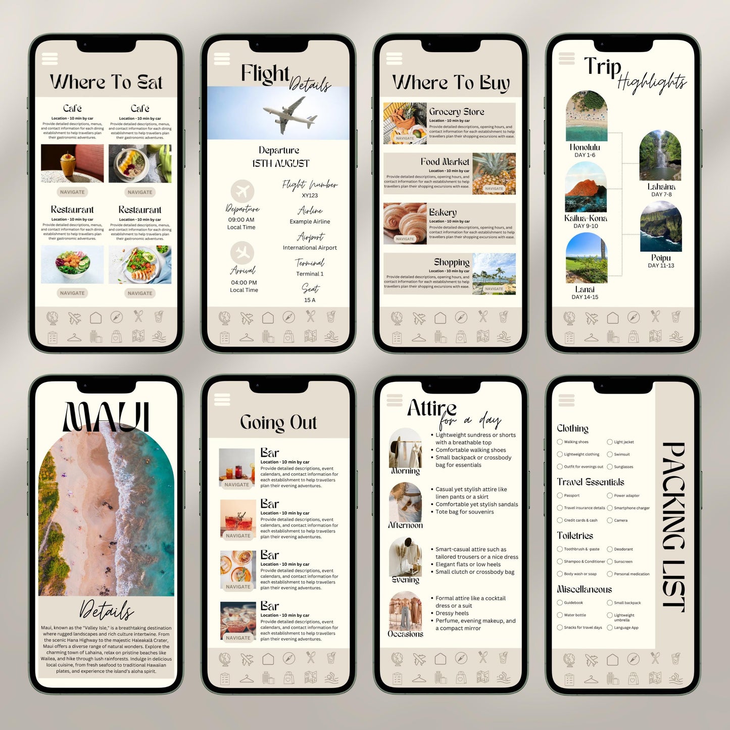 A collage of eight smartphone screens showcases a digital travel itinerary interface. Each screen displays different sections.