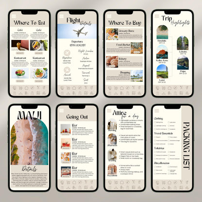 A collage of eight smartphone screens showcases a digital travel itinerary interface. Each screen displays different sections.