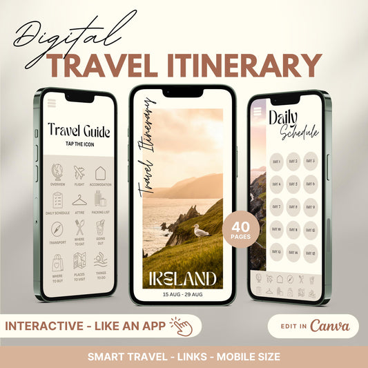 Digital travel itinerary displayed on three smartphones, featuring an interactive travel guide, daily schedule, and itinerary cover.
