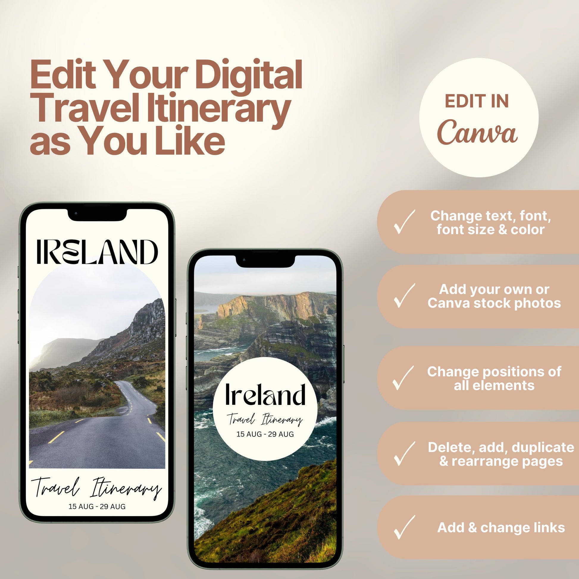 Two smartphones display customizable digital travel itinerary covers. The right side of the image lists editing features in Canva, including changing text, font, colors, images, layout, and links. A round badge reads “EDIT IN Canva,” emphasizing flexibility and personalization options.