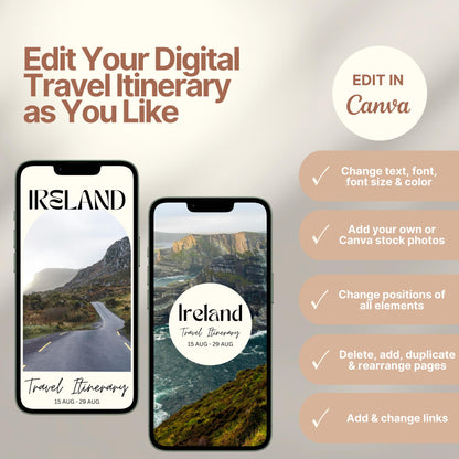 Two smartphones display customizable digital travel itinerary covers. The right side of the image lists editing features in Canva, including changing text, font, colors, images, layout, and links. A round badge reads “EDIT IN Canva,” emphasizing flexibility and personalization options.