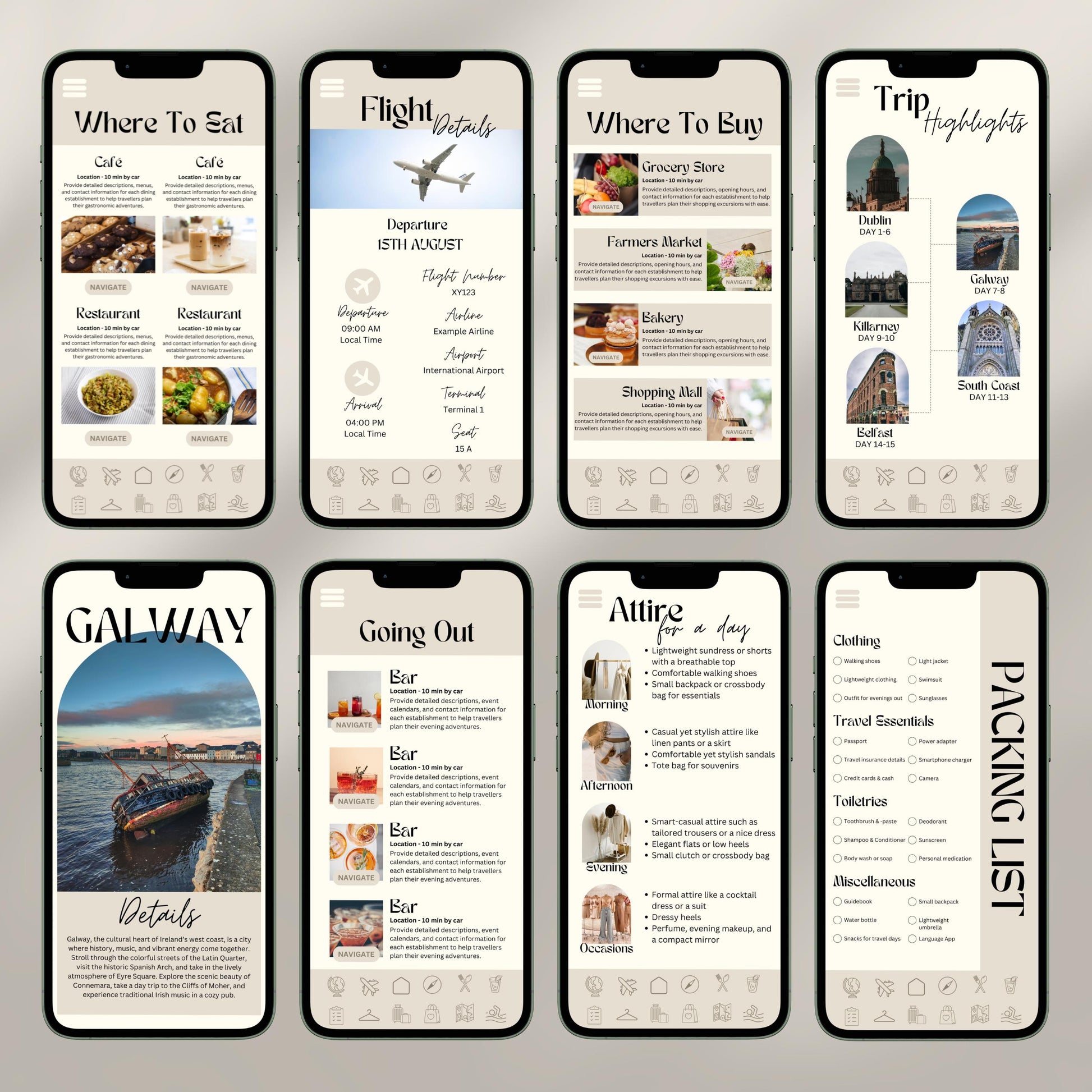 A collage of eight smartphone screens showcases a digital travel itinerary interface. Each screen displays different sections.