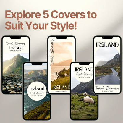 Five smartphone screens display different stylish cover designs. The headline above reads “Explore 5 Covers to Suit Your Style!” showcasing customization options for travelers.