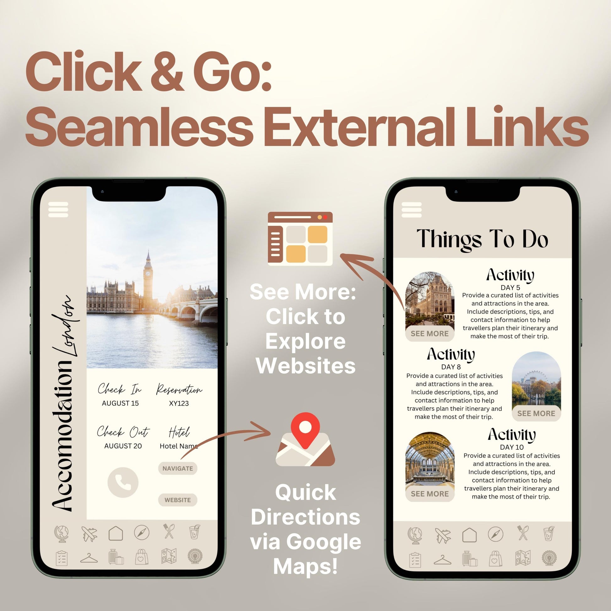 Two smartphones display an interactive digital travel guide interface. Text highlights features like “Quick Directions via Google Maps!” and “Click to Explore Websites,” emphasizing seamless external link integration for an app-like travel experience.