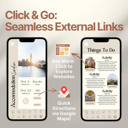 Two smartphones display an interactive digital travel guide interface. Text highlights features like “Quick Directions via Google Maps!” and “Click to Explore Websites,” emphasizing seamless external link integration for an app-like travel experience.