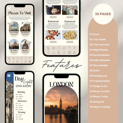 A promotional graphic for a 35-page digital travel itinerary, displayed on mobile phones. The screens show beautifully designed pages including “Places to Visit,” restaurant recommendations with images, a detailed daily schedule,